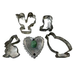 5 Antique Cookie Cutters Turkey Bird Bunny Rabbit Cowboy Boot Metal Tin Vtg Lot